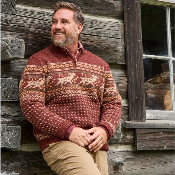 L.L.Bean Men Classic Ragg Wool Sweater, Henley, Fair Isle Size Medium - Picture 1 of 10